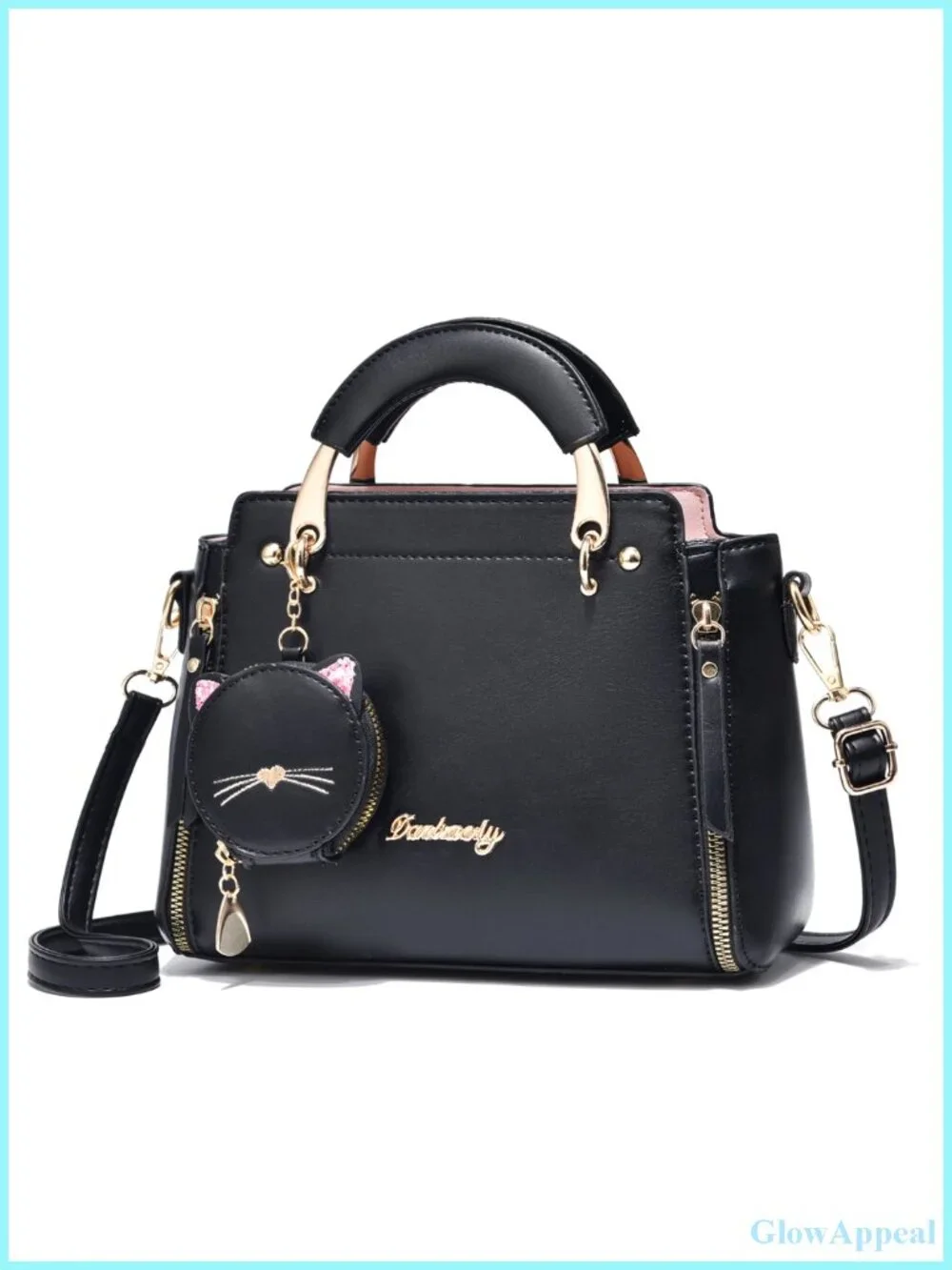PU Leather Satchel Crossbody Bag with Kitten Pendant Small Tote
